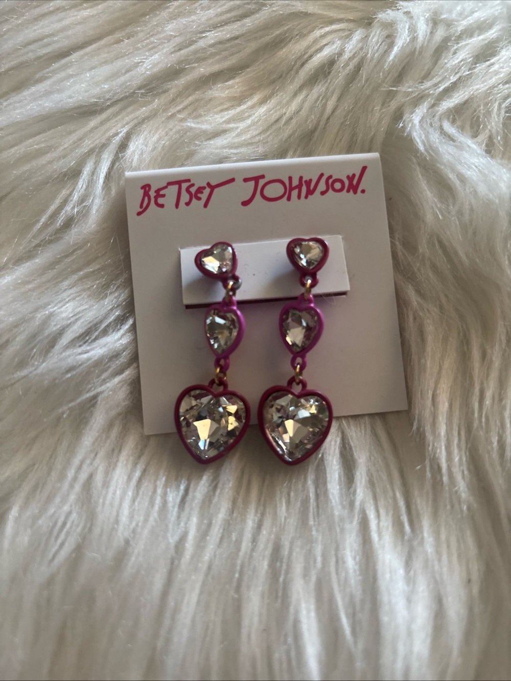 Betsey Johnson Fuchsia-Outlined Clear Crystal Heart Drop Earrings